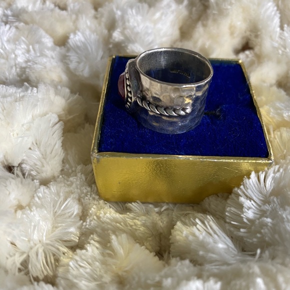 Genuine Red Ruby Wide Band Hammered Sterling Silver Ring. - Picture 4 of 7